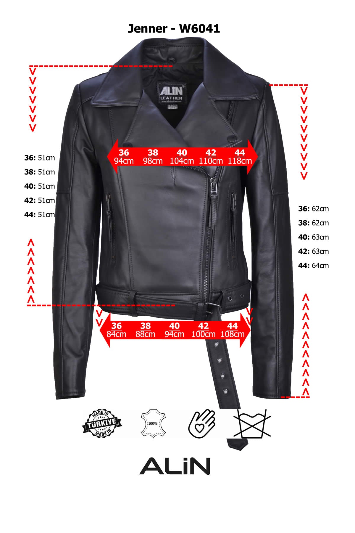 Alin Leather - Jenner Women's Leather Belted Biker Jacket Size Graph
