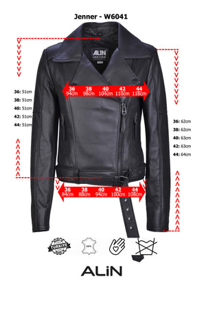 Alin Leather - Jenner Women's Leather Belted Biker Jacket Size Graph