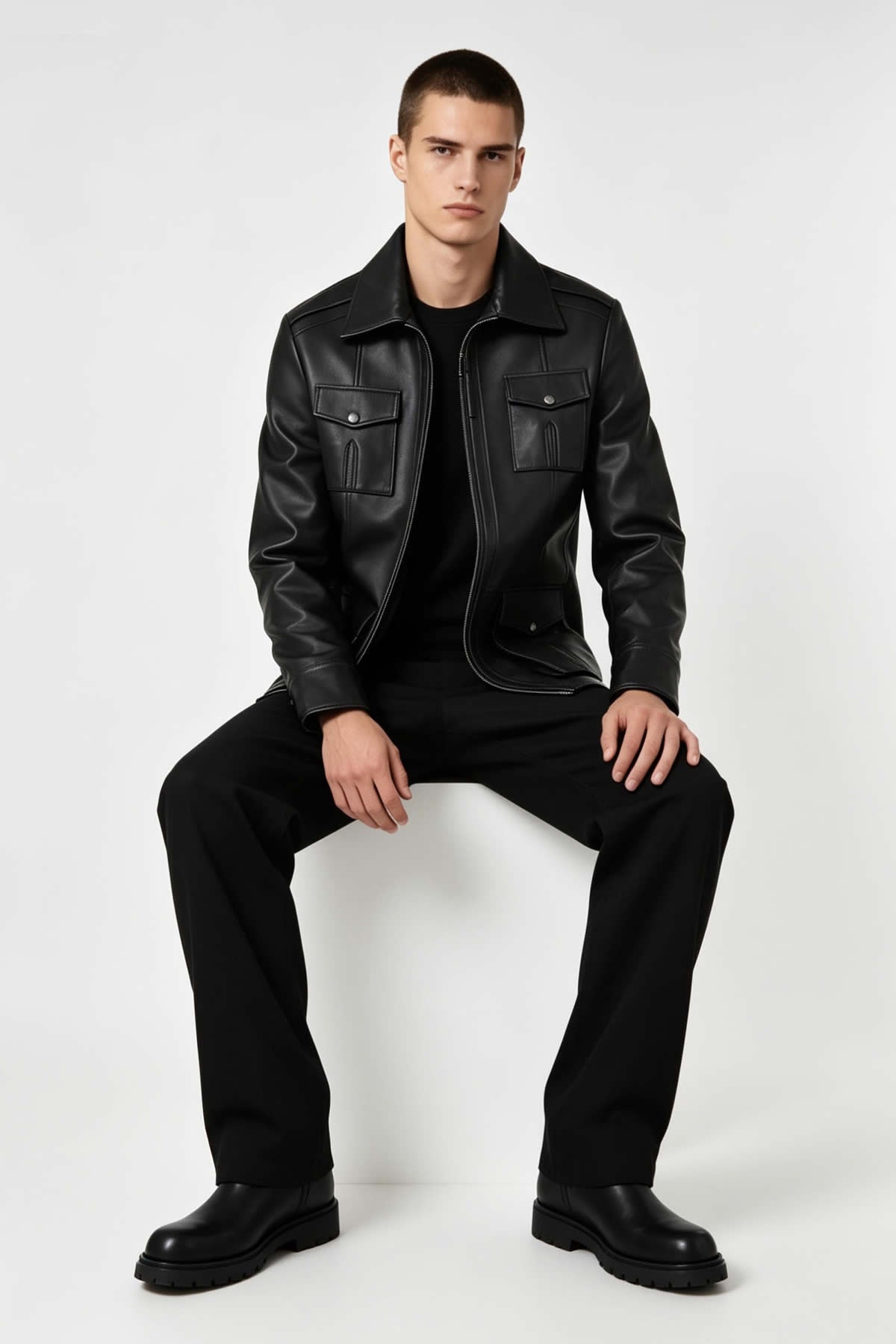 Kaya Men’s Zip-Up Black Leather Coat, Genuine Leather