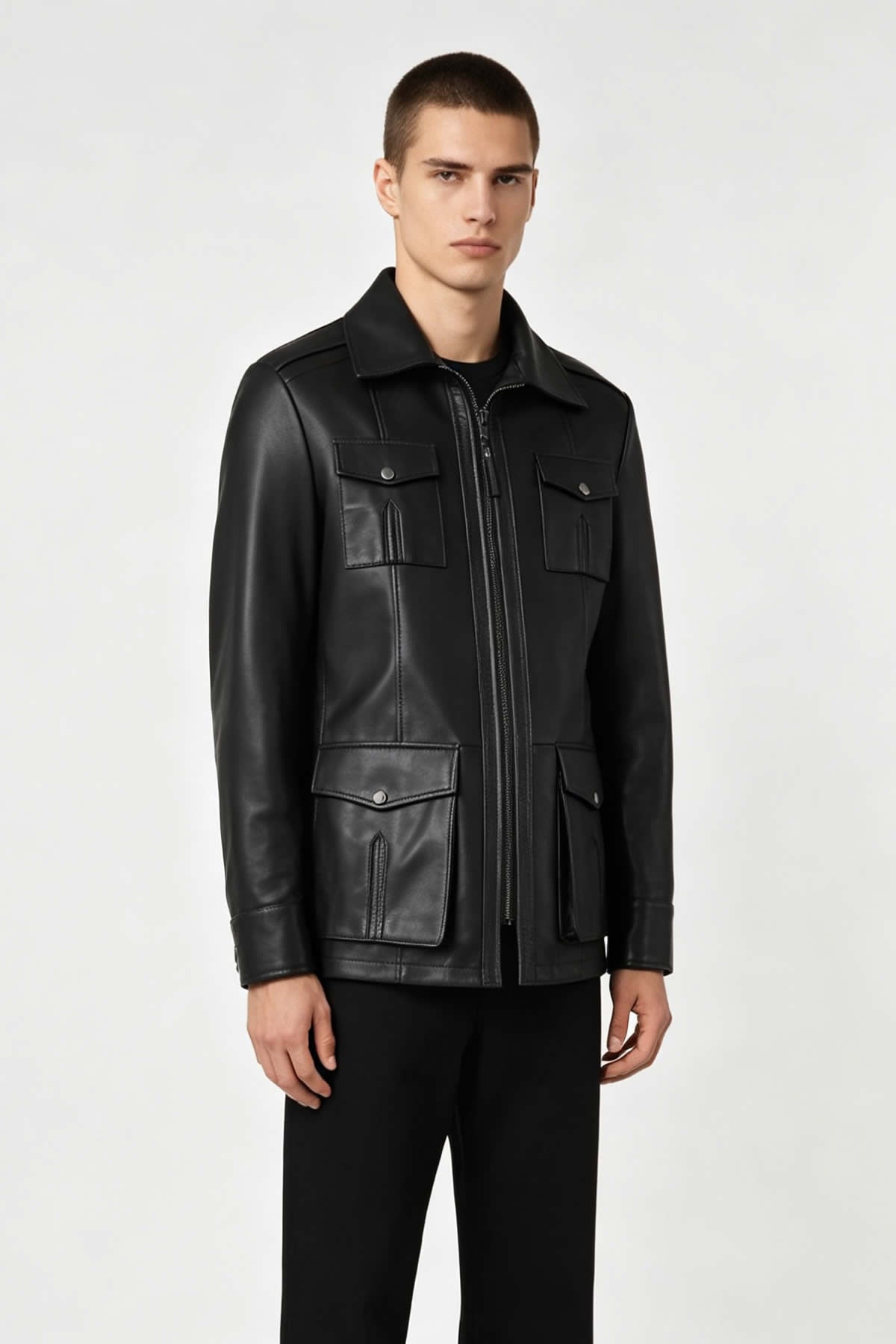 Kaya Men’s Zip-Up Black Leather Coat, Genuine Leather