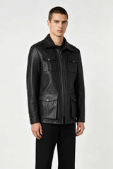 Kaya Men’s Zip-Up Black Leather Coat, Genuine Leather
