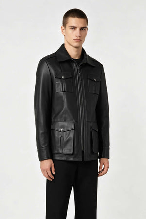 Kaya Men’s Zip-Up Black Leather Coat, Genuine Leather