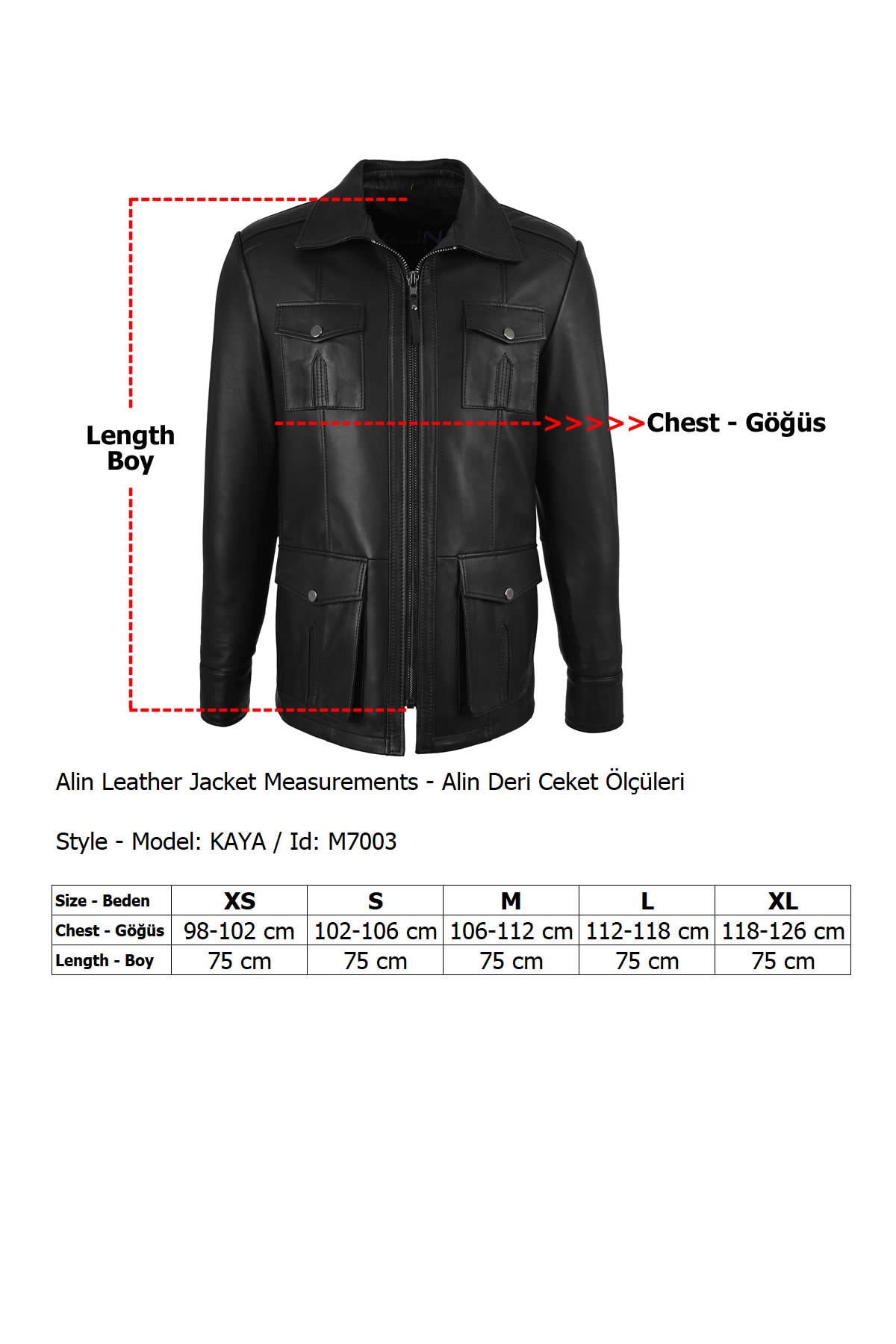 Alin Leather - Kaya Zip-Up Men’s Leather Coat Size Graph