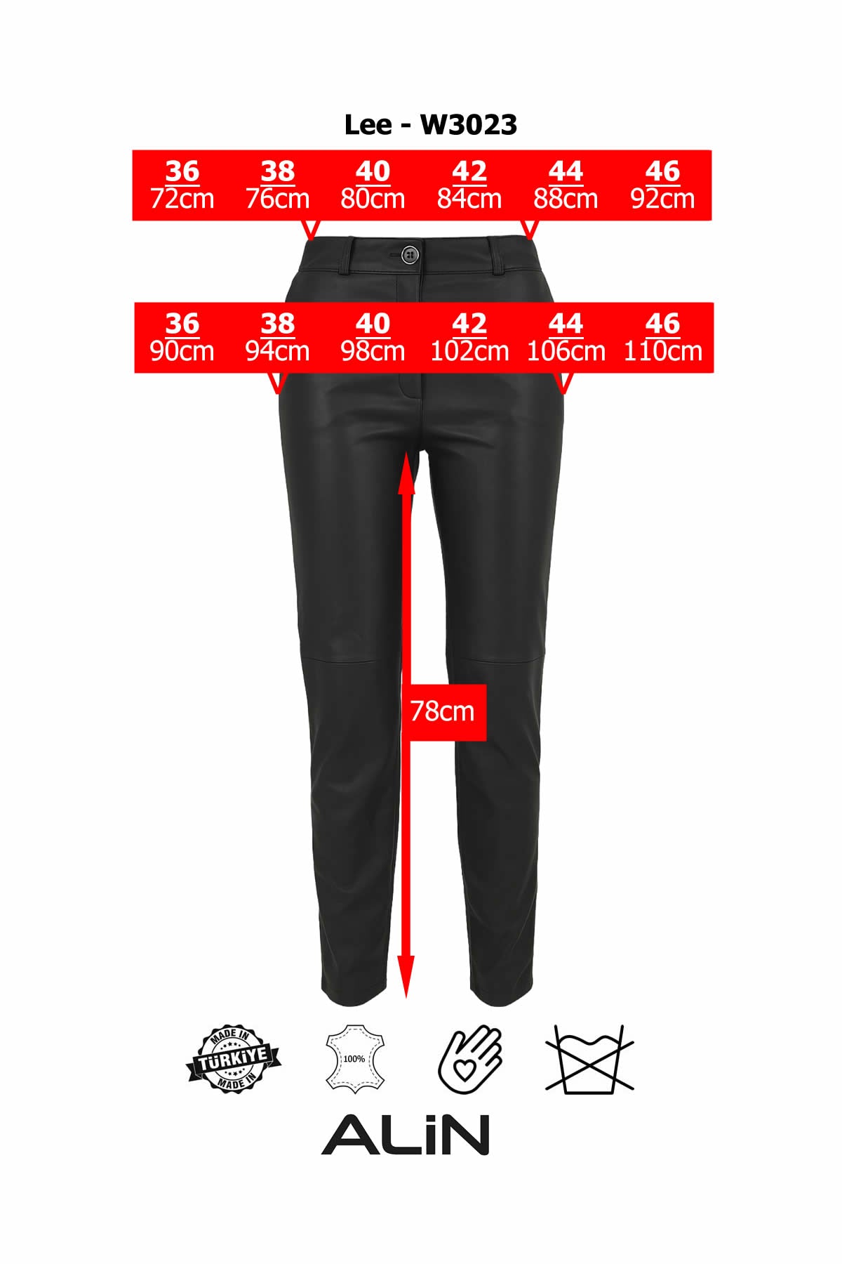 Alin Leather - Lee Side Pocket Genuine Leather Trousers Size Graph