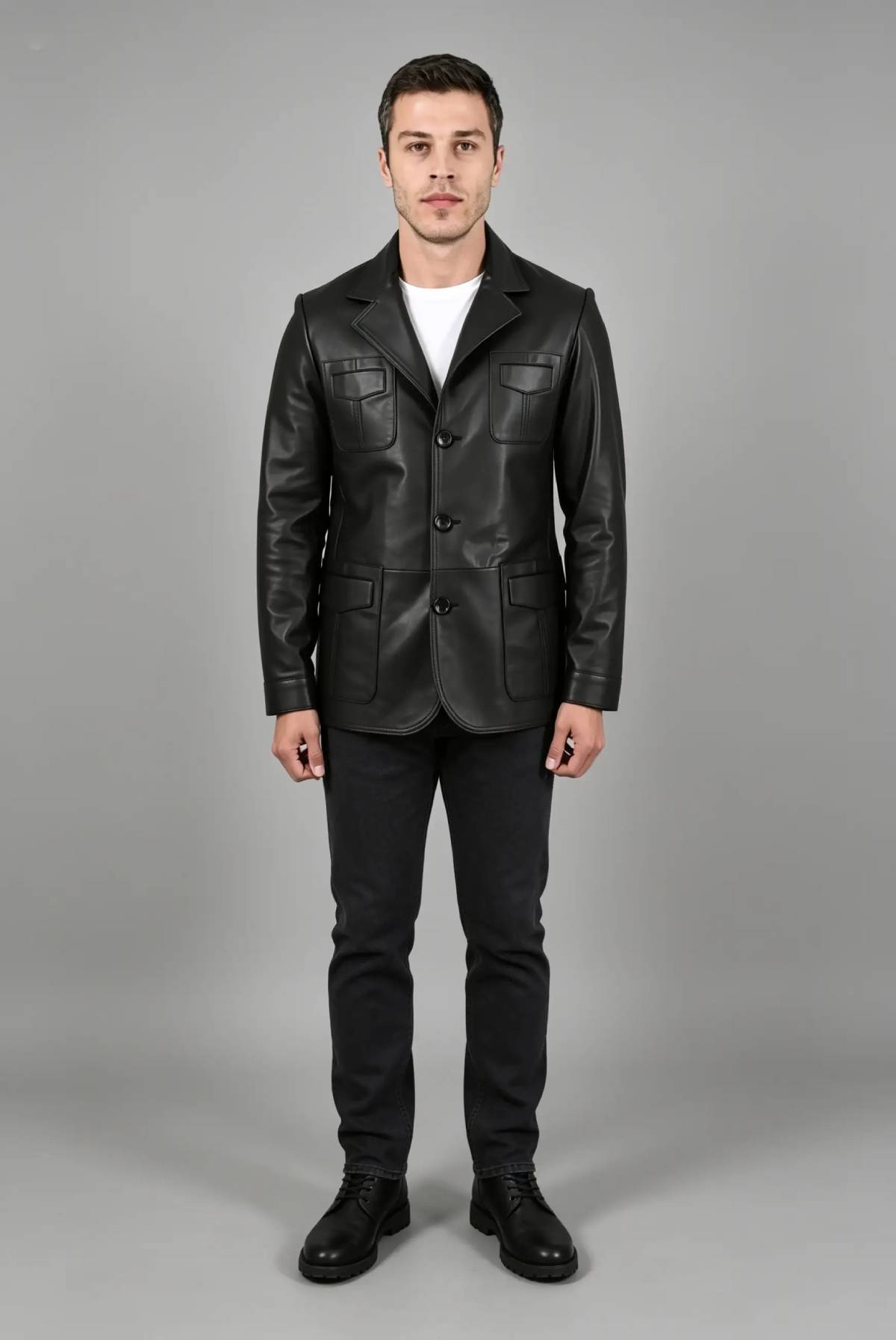 Alin Leather - Martell Button-Up Men’s Black Leather Blazer