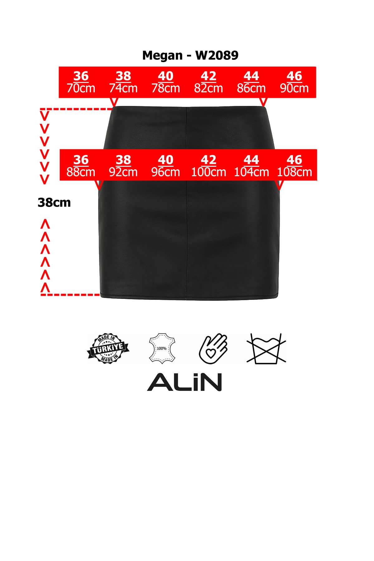 Alin Leather - Megan Leather Mini Skirt Size Graph 