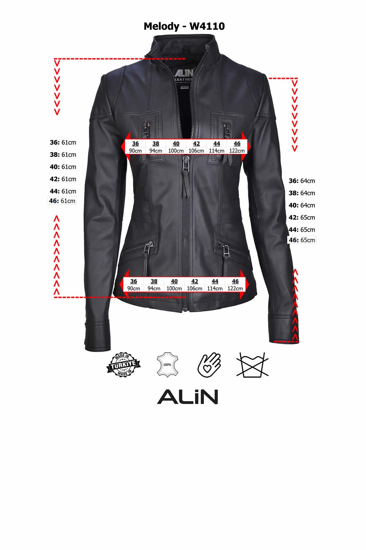 Alin Leather - Melody Slim Fit Women's Leather Jacket Size Graph