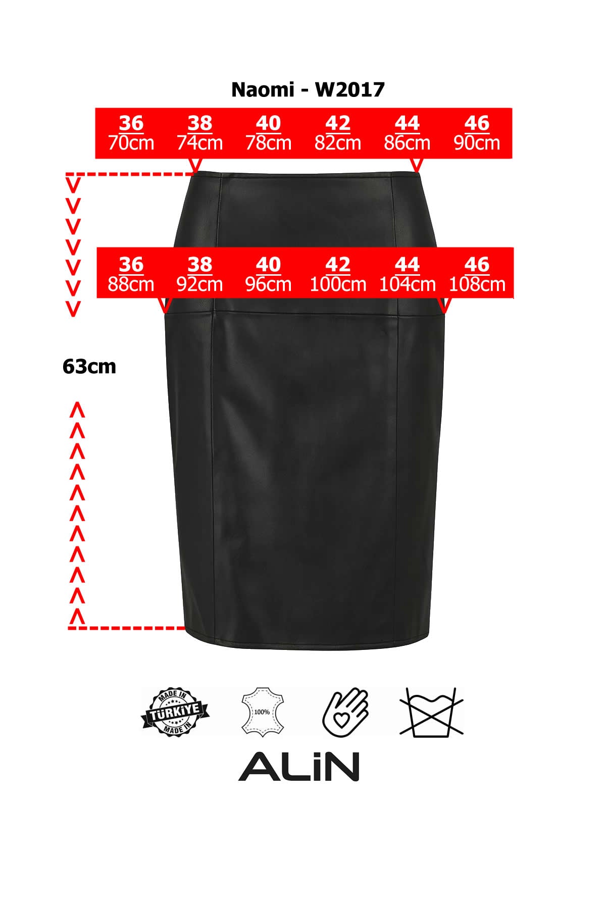 Alin Leather - Naomi Leather Pencil Skirt Size Graph