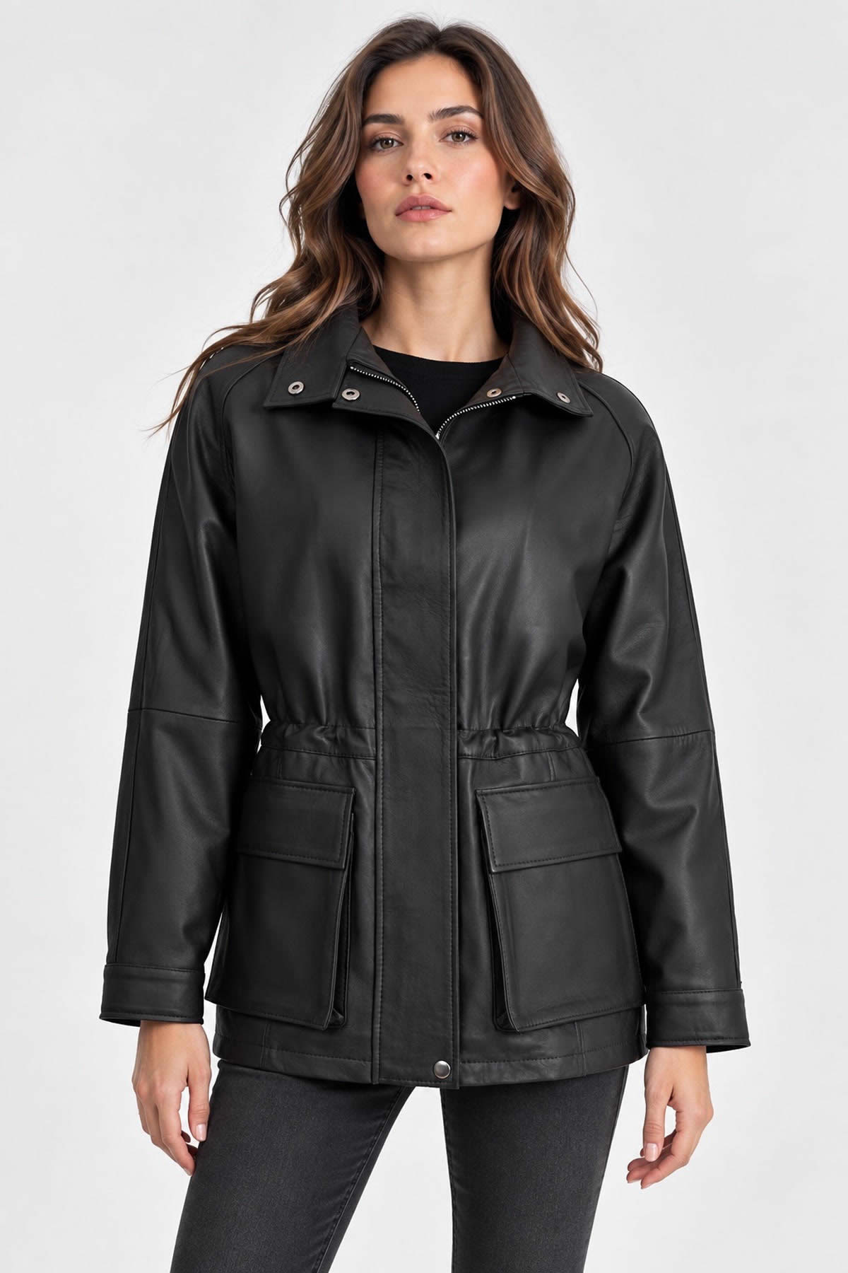 ALiN Women's Genuine Leather Raglan Sleeve Leather Jacket Black – On Model