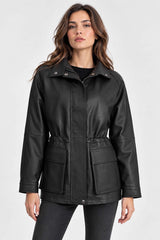 ALiN Women's Genuine Leather Raglan Sleeve Leather Jacket Black – On Model