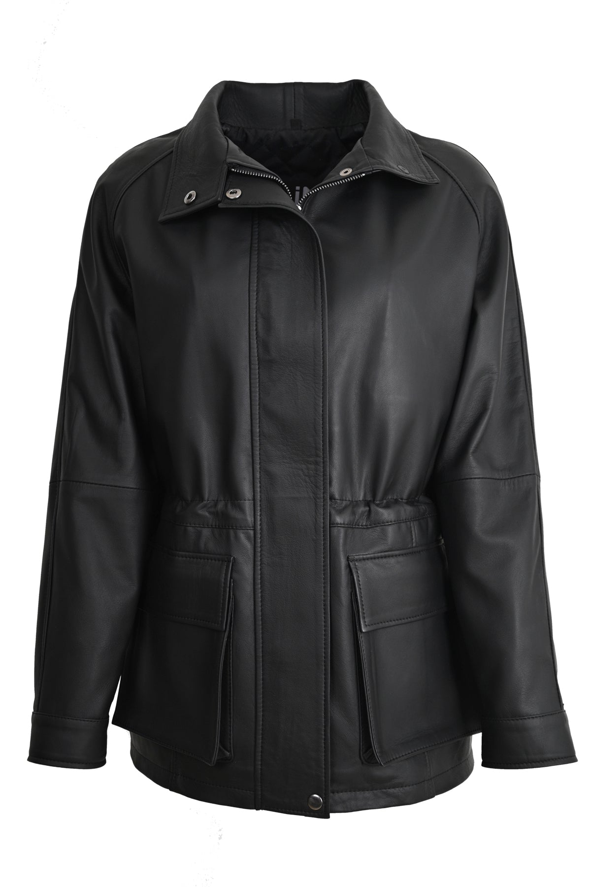ALiN Women's Genuine Leather Raglan Sleeve Leather Jacket Black – Fitted Waist Cut