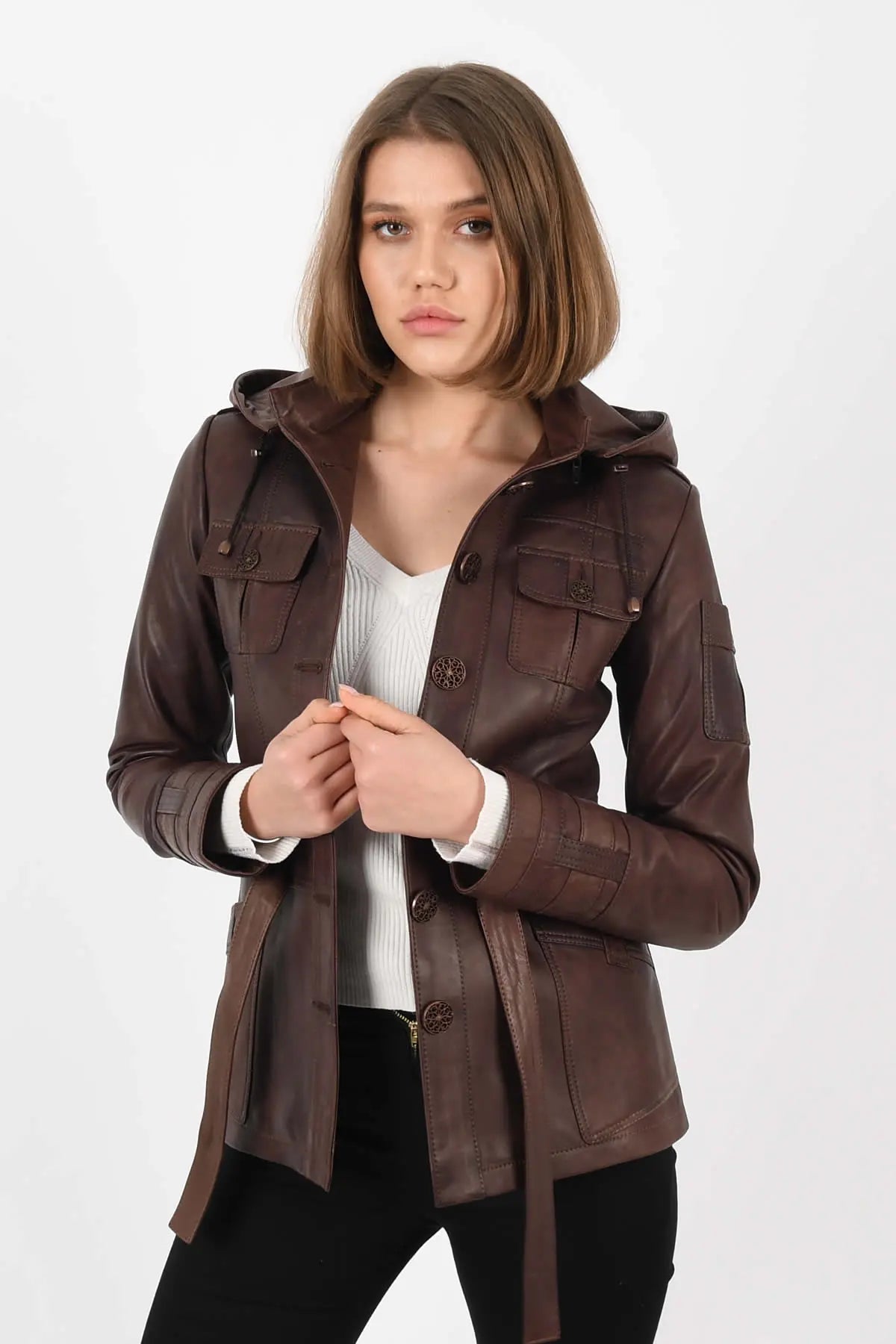 Sansa Hooded Women's Genuine Brown Leather Coat