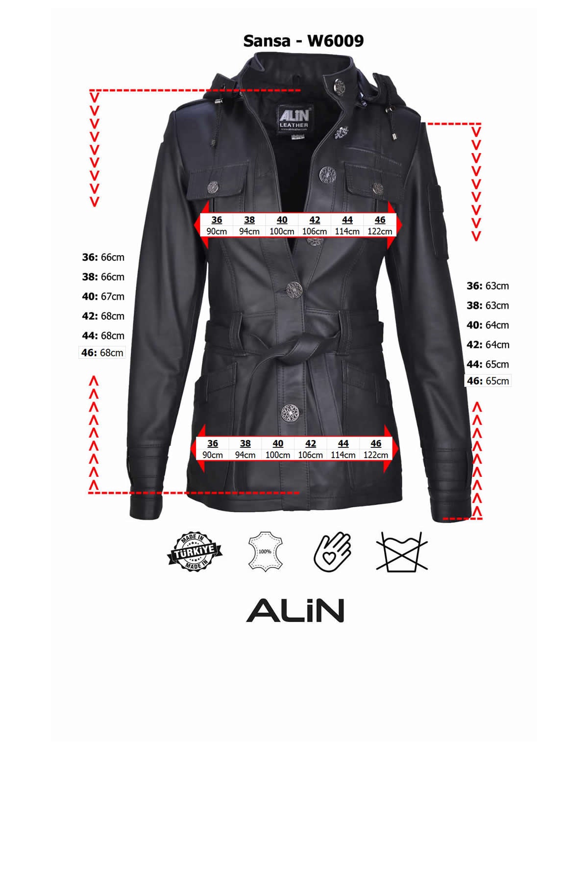 Alin Leather - Sansa Hooded Women's Leather Coat Size Graph
