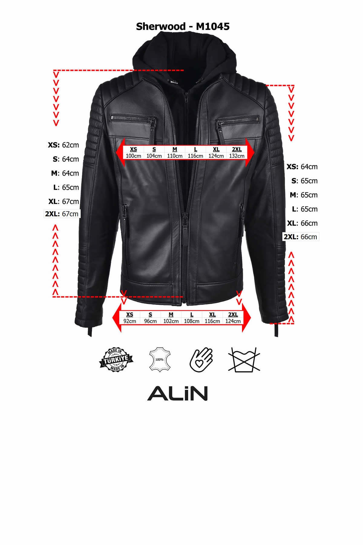 Alin Leather - Sherwood Hooded Men's Leather Coat Size Graph