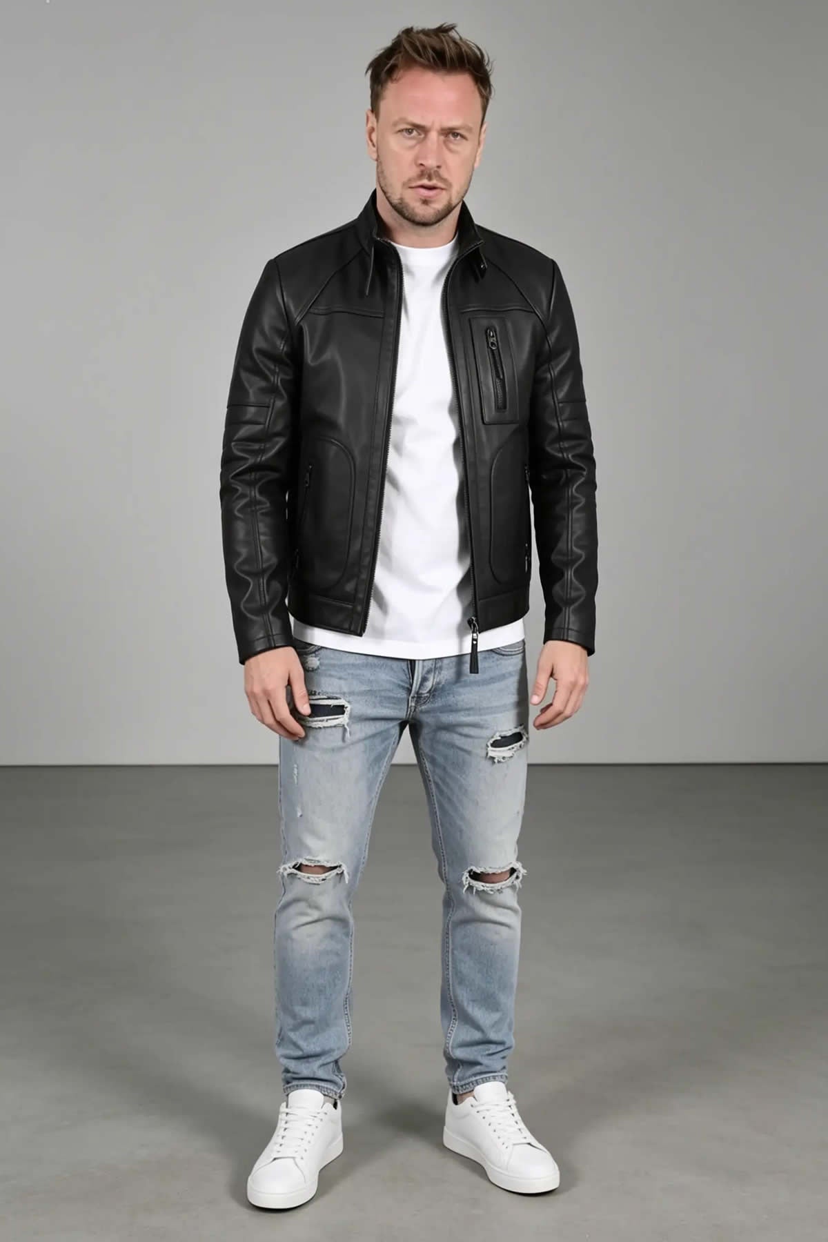 Alin Leather Theroux Casual Men's Black Leather Coat, Genuine Leather