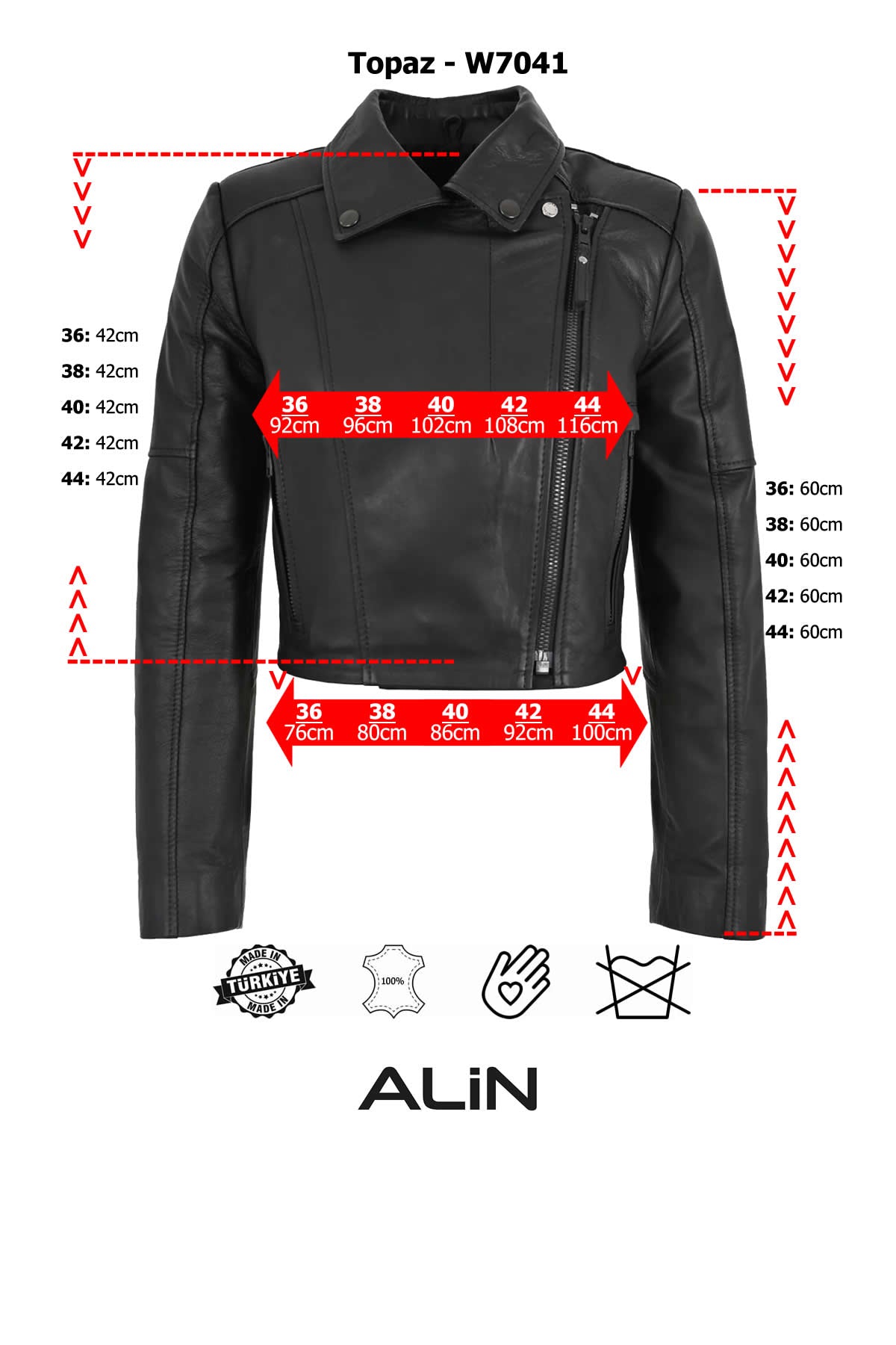Alin Leather - Topaz Genuine Leather Women's Crop Jacket Size Graph