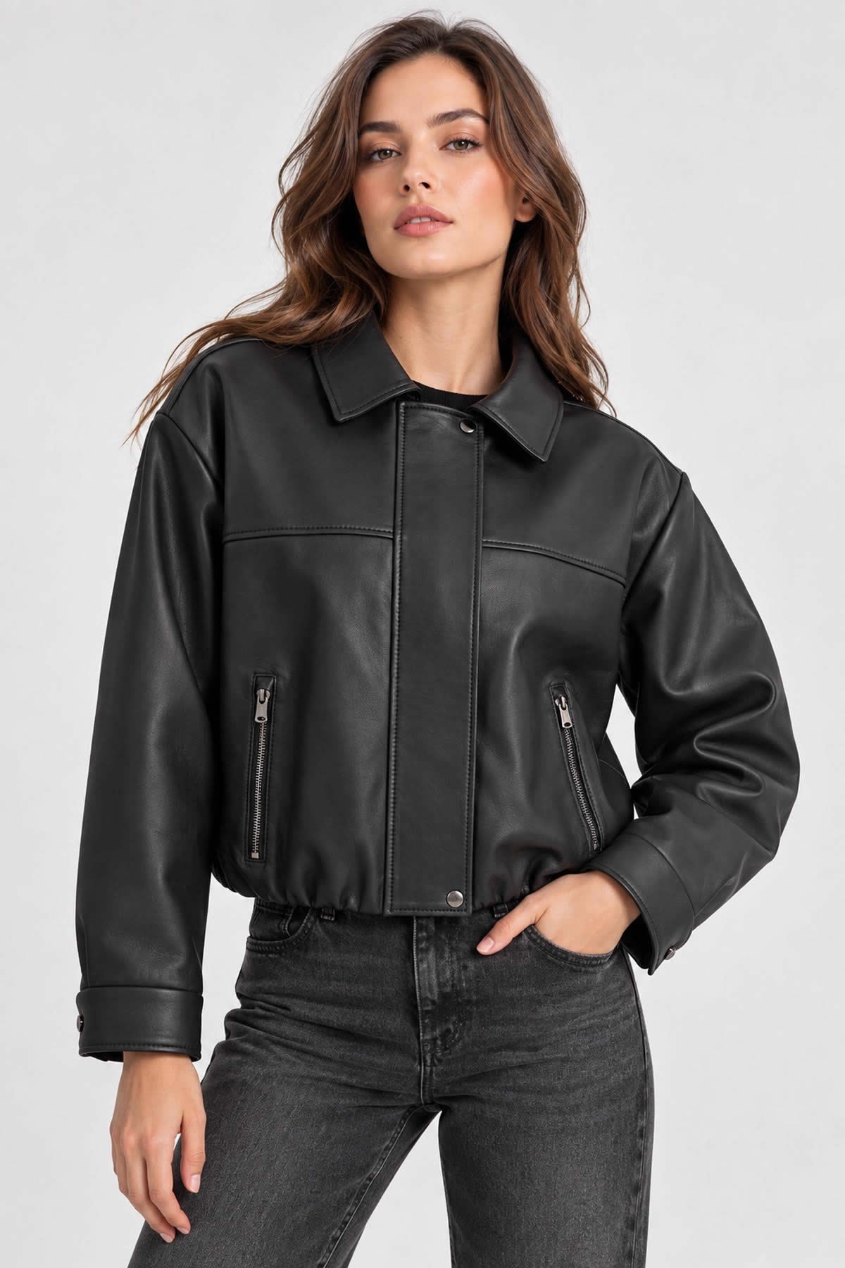 ALiN Trafalgar Women's Genuine Leather Short Oversized Jacket – Black - On Model