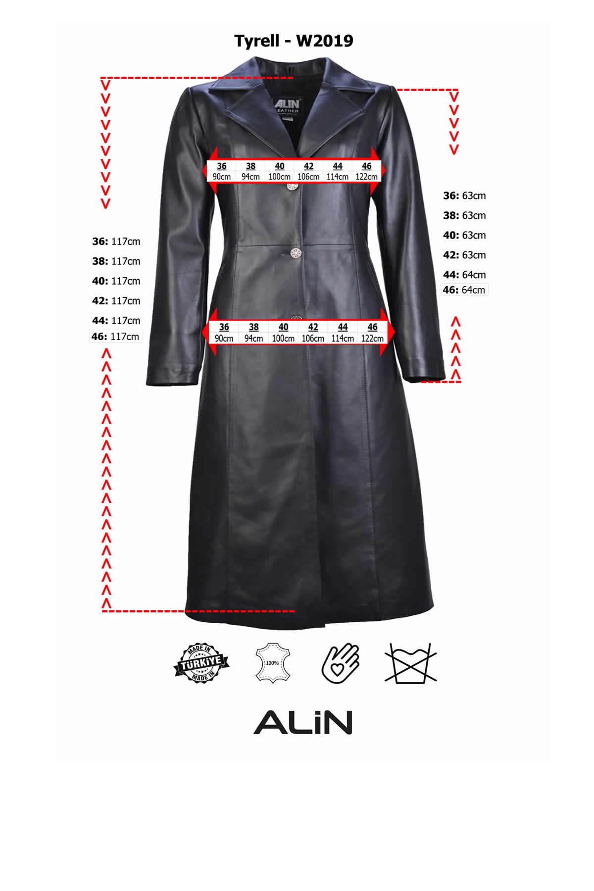 Alin Leather - Tyrell Full Length Women's Long Leather Coat Size Graph