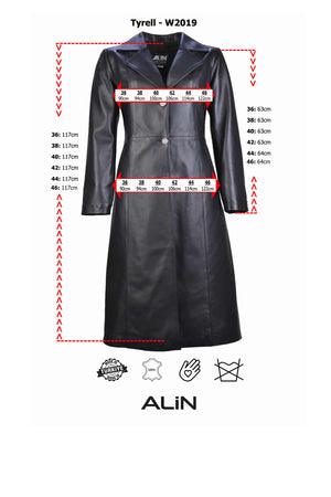 Alin Leather - Tyrell Full Length Women's Long Leather Coat Size Graph
