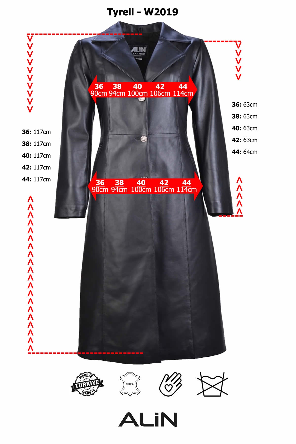 Alin Leather - Tyrell Full Length Women's Long Leather Coat Size Graph