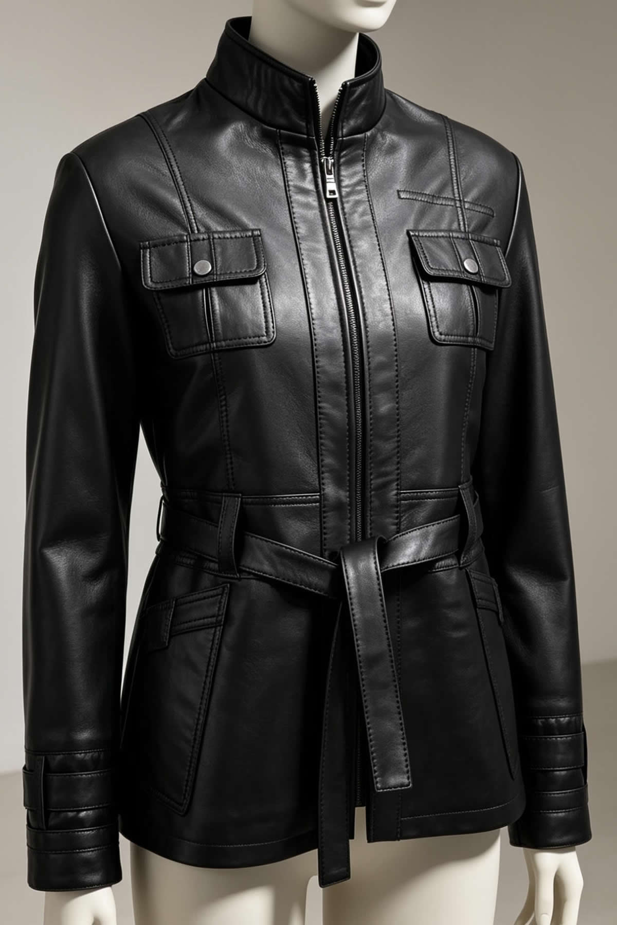 Alin Leather Yara Belted Women's Black Leather Coat, Genuine Leather
