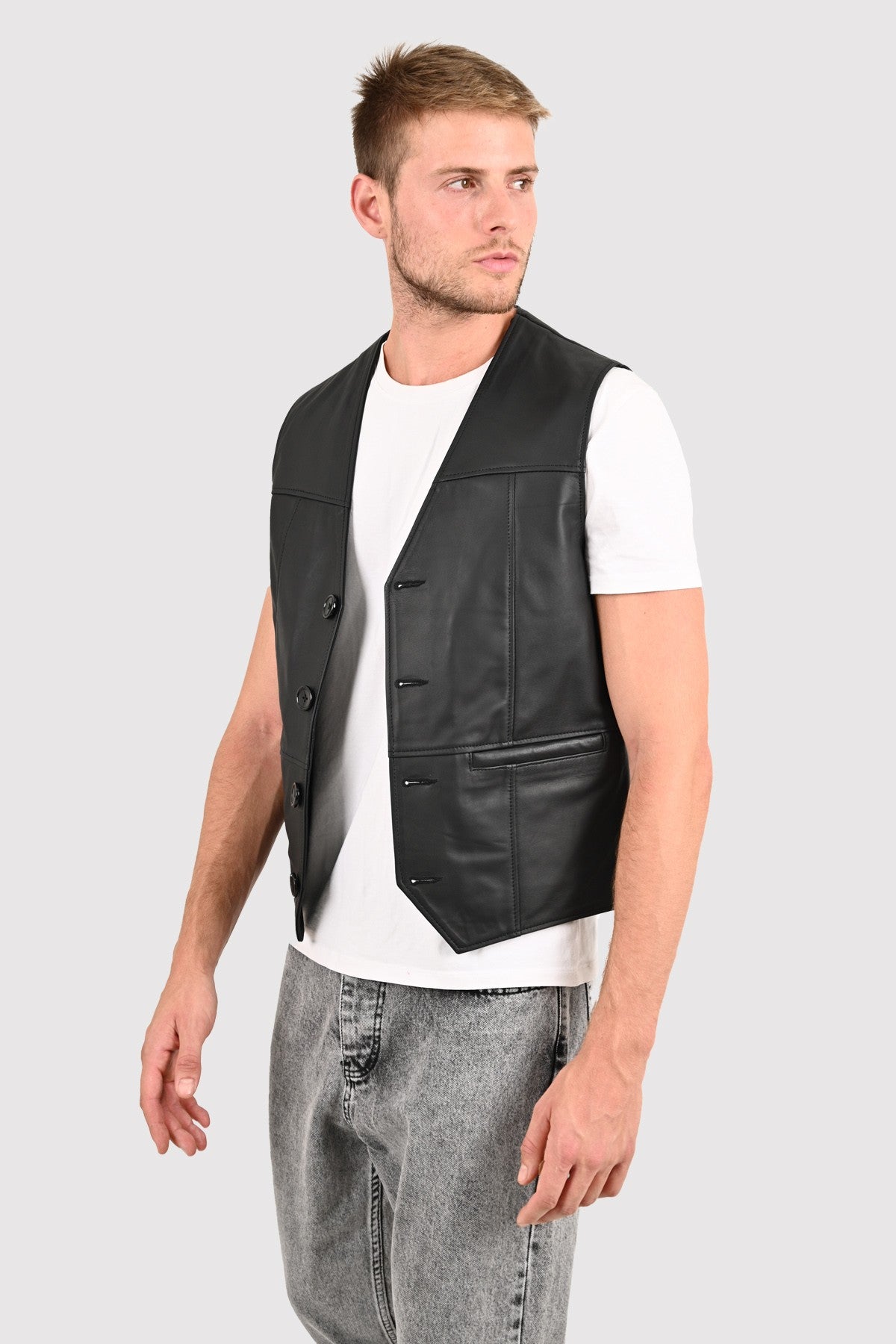 Alfie Button Up Herren-Weste aus schwarzem Leder