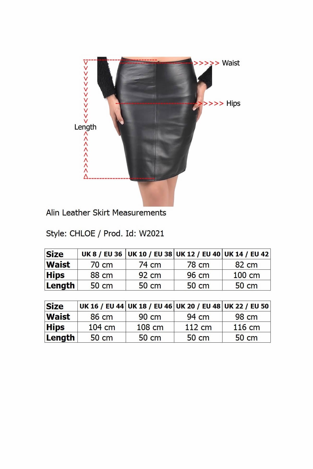 Alin Leather - Chloe Mid-Length Red Leather Skirt Size Graph