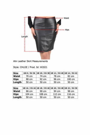 Alin Leather - Chloe Mid-Length Red Leather Skirt Size Graph