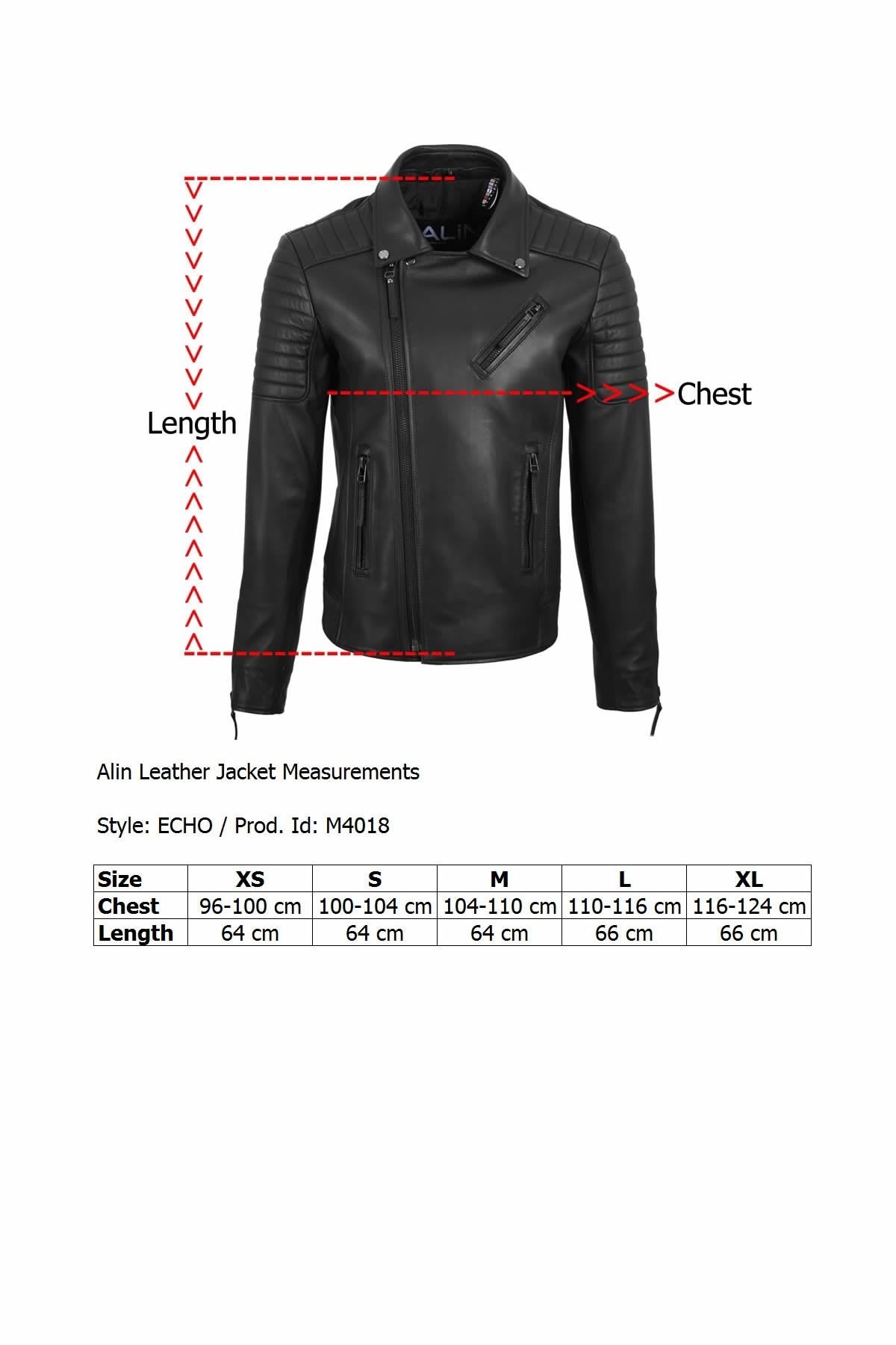 Alin Leather - Echo Biker Style Men's Black Leather Jacket Size Graph