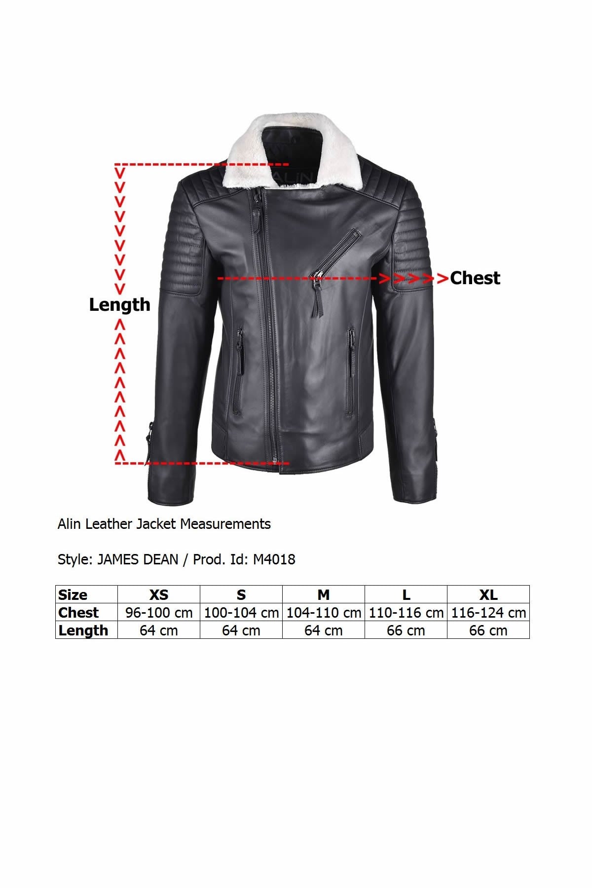 Alin Leather - James Dean Biker Men's Black Shearling Jacket Size Graph