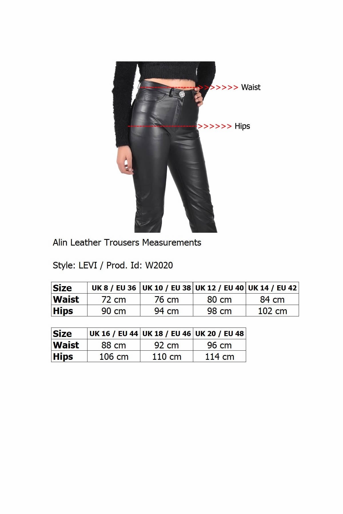 Alin Leather - Levi Women's Black Leather Jeans Size Graph