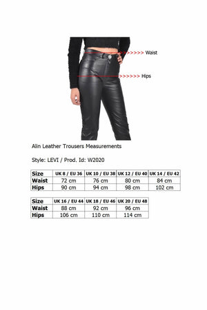 Alin Leather - Levi Women's Black Leather Jeans Size Graph