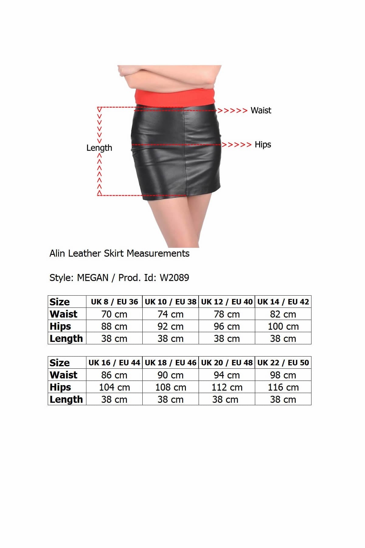 Alin Leather - Megan Red Leather Mini Skirt Size Graph 