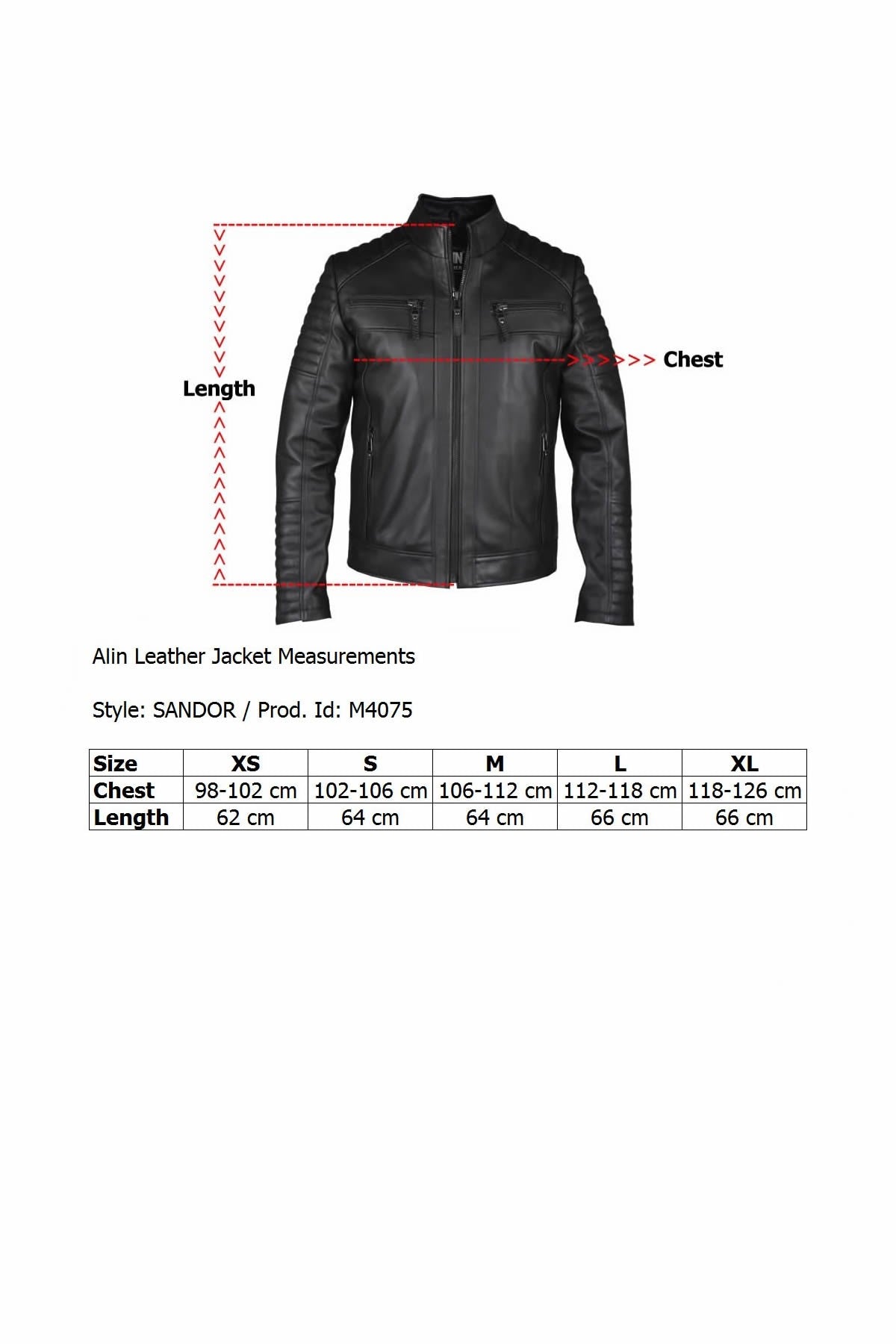 Alin Leather - Sandor Slim Fit Men’s Black Leather Jacket Size Graph