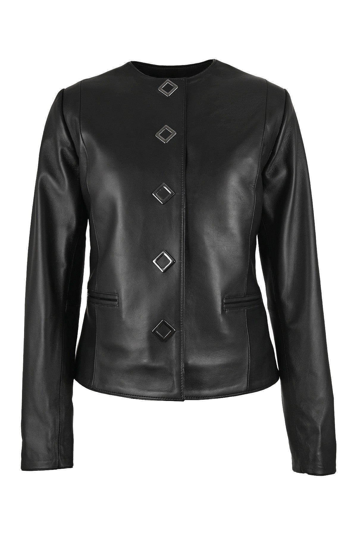 Alin Leather - Liz Casual Women's Black Leather Collarless Jacket