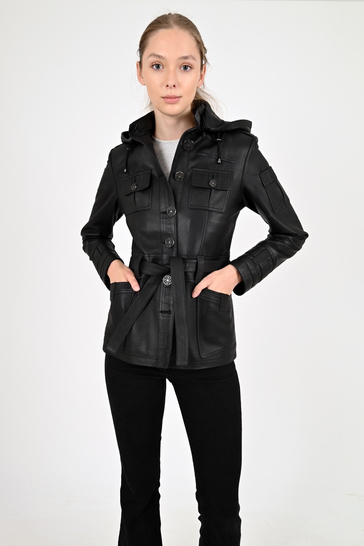 Alin Leather - Sansa Hooded Women's Black Leather Coat