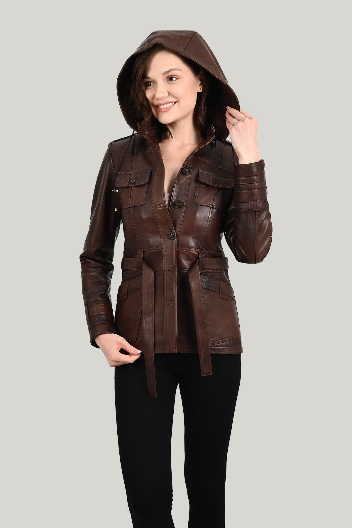 Alin Leather - Sansa Hooded Women's Brown Leather Jacket