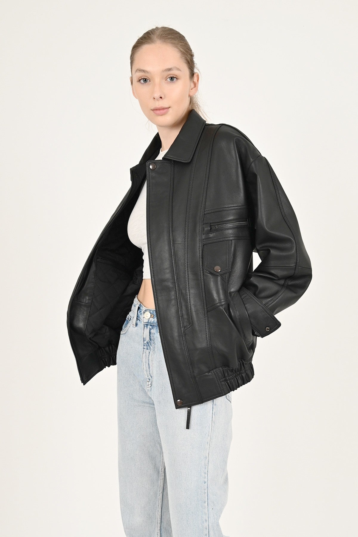Black Leather Oversize Jacket Women