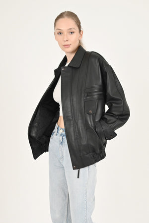 Black Leather Oversize Jacket Women