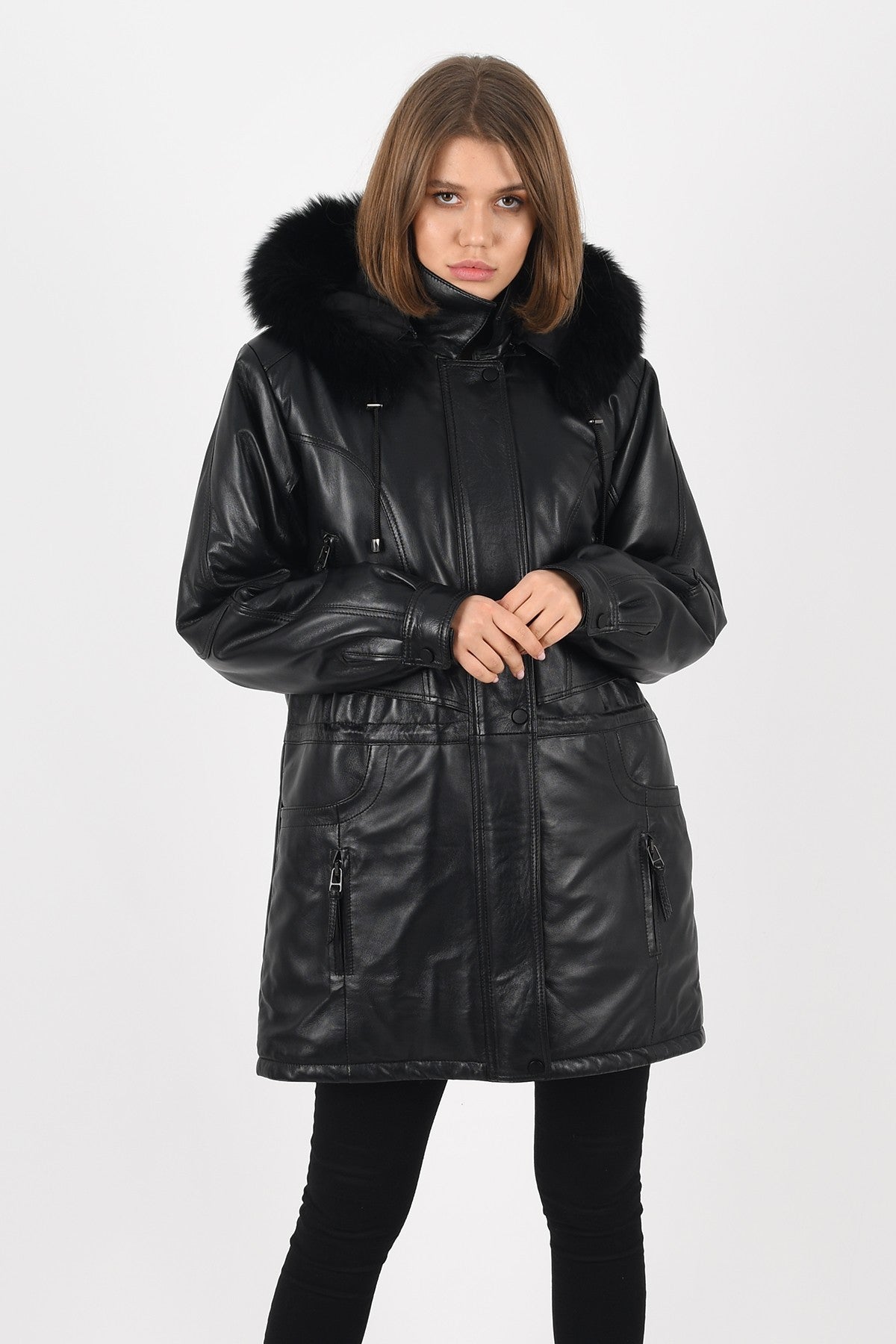 Black Hooded Leather Coat Women