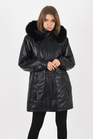 Black Hooded Leather Coat Women