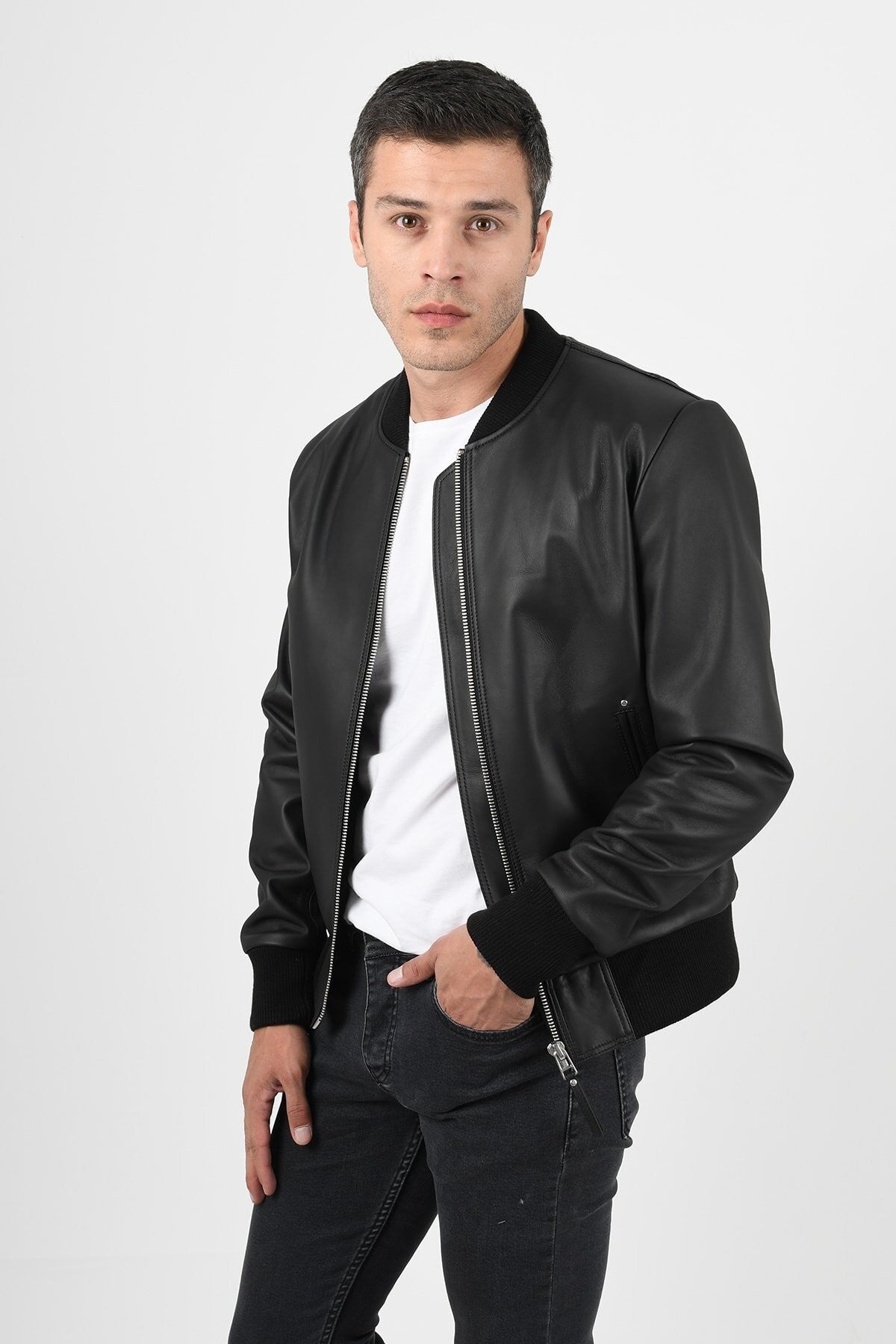 College Loose Fit Men's Black Leather Coat