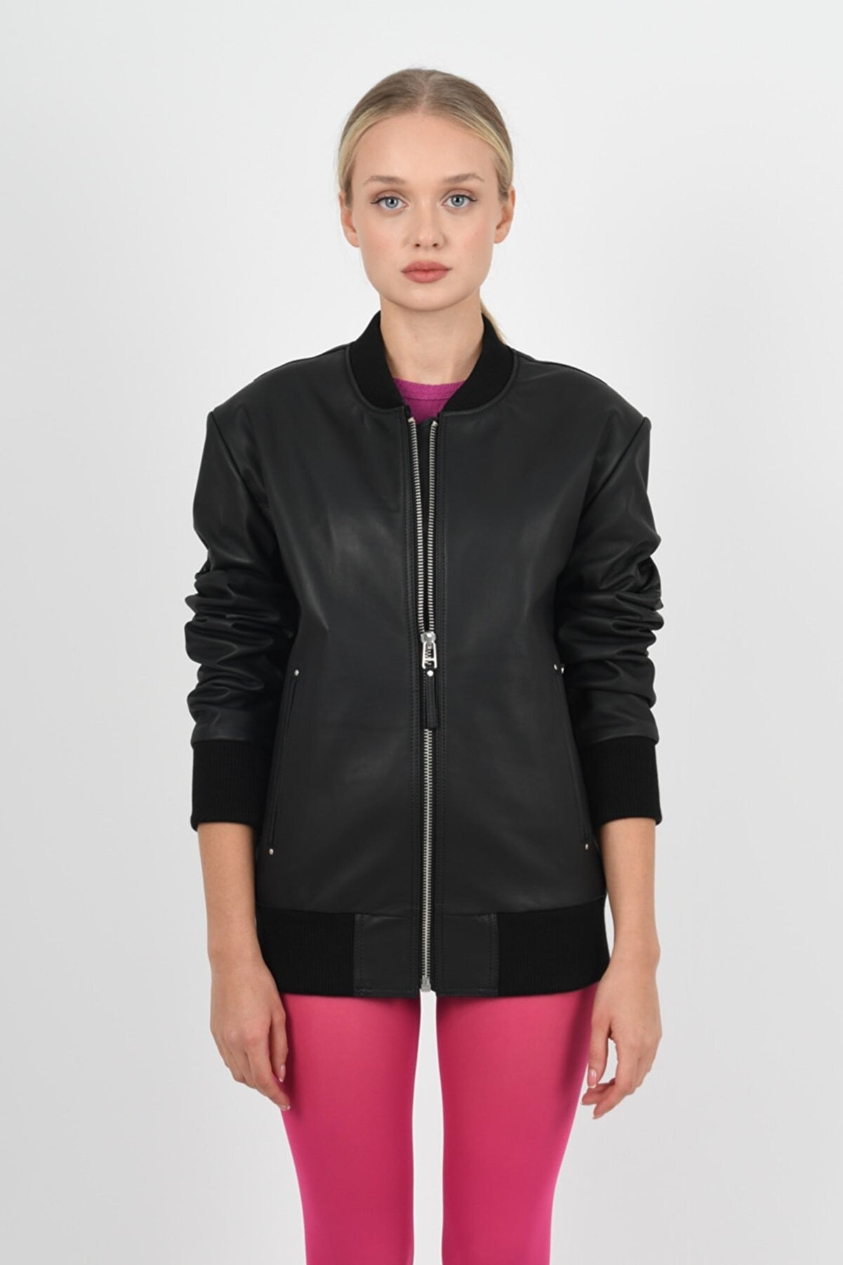 Black Leather Varsity Jacket Women's 