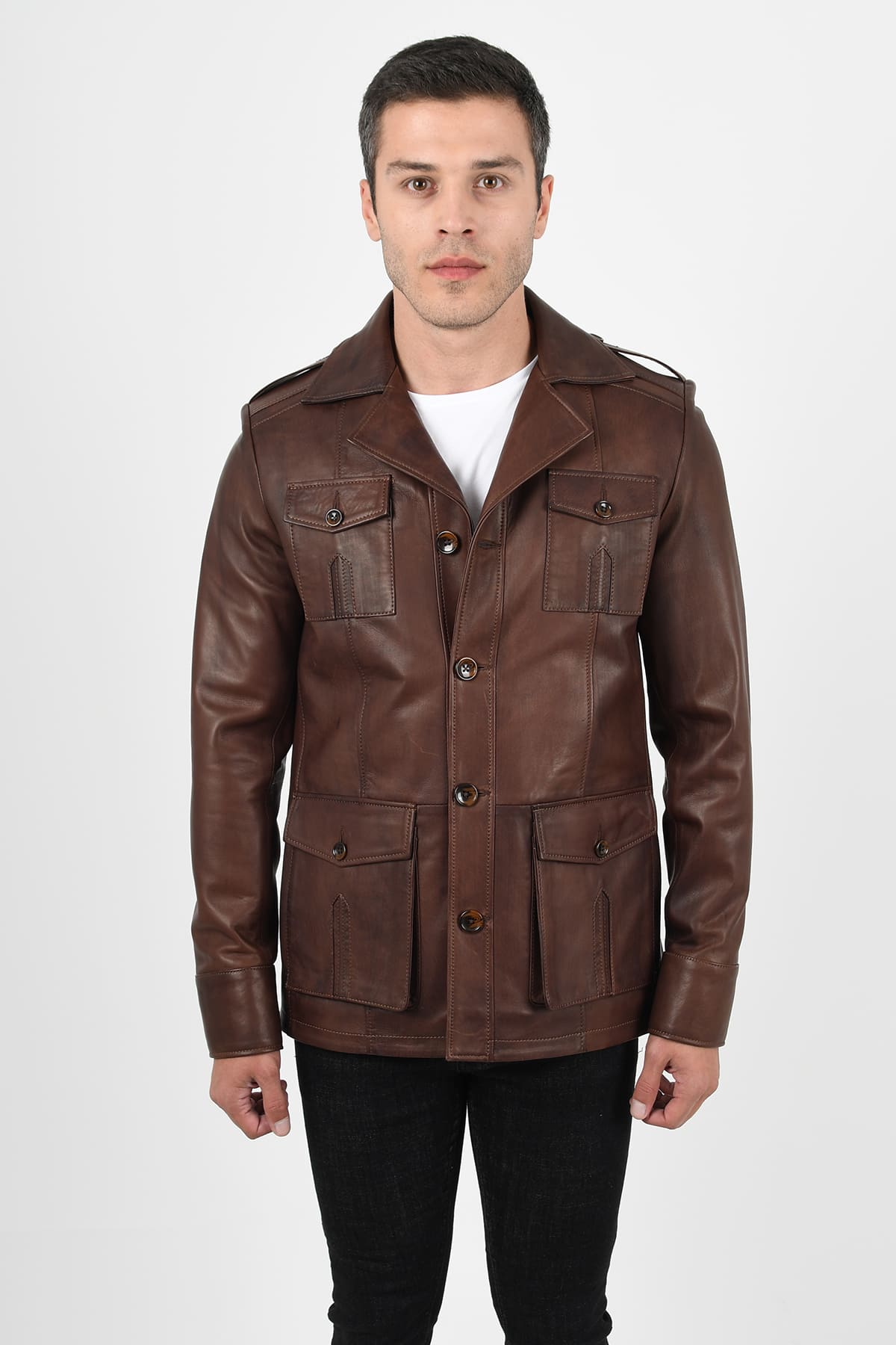 Harrison Safari Men’s Real Brown Leather Coat