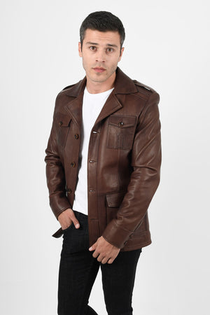 Harrison Safari Men’s Real Brown Leather Coat