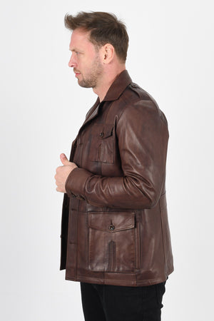 Brown Leather Button Up Jacket Men's
