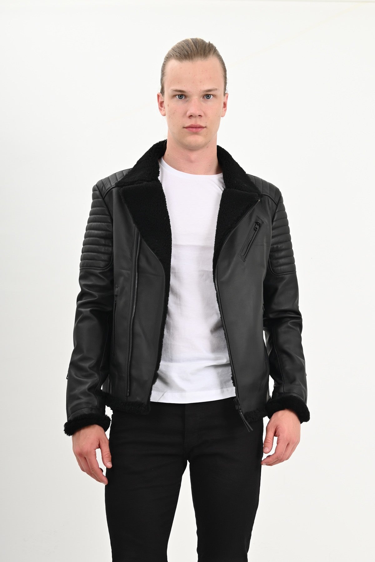 James Dean Biker Men's Black Shearling Jacket