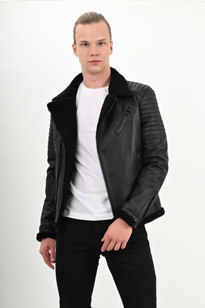 Black Leather Shearling Jacket Men's