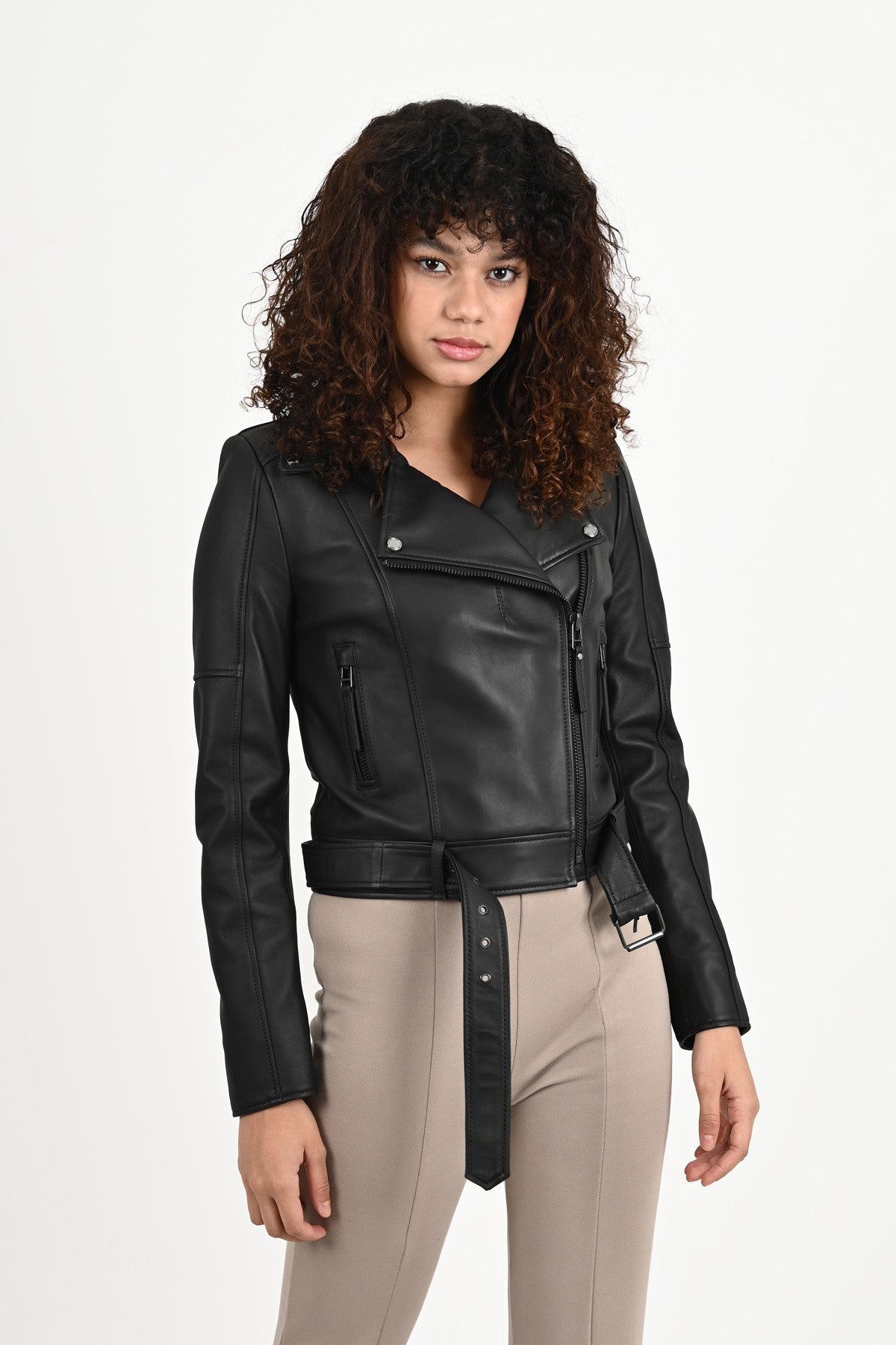 Black Leather Belted Biker Jacket Women's