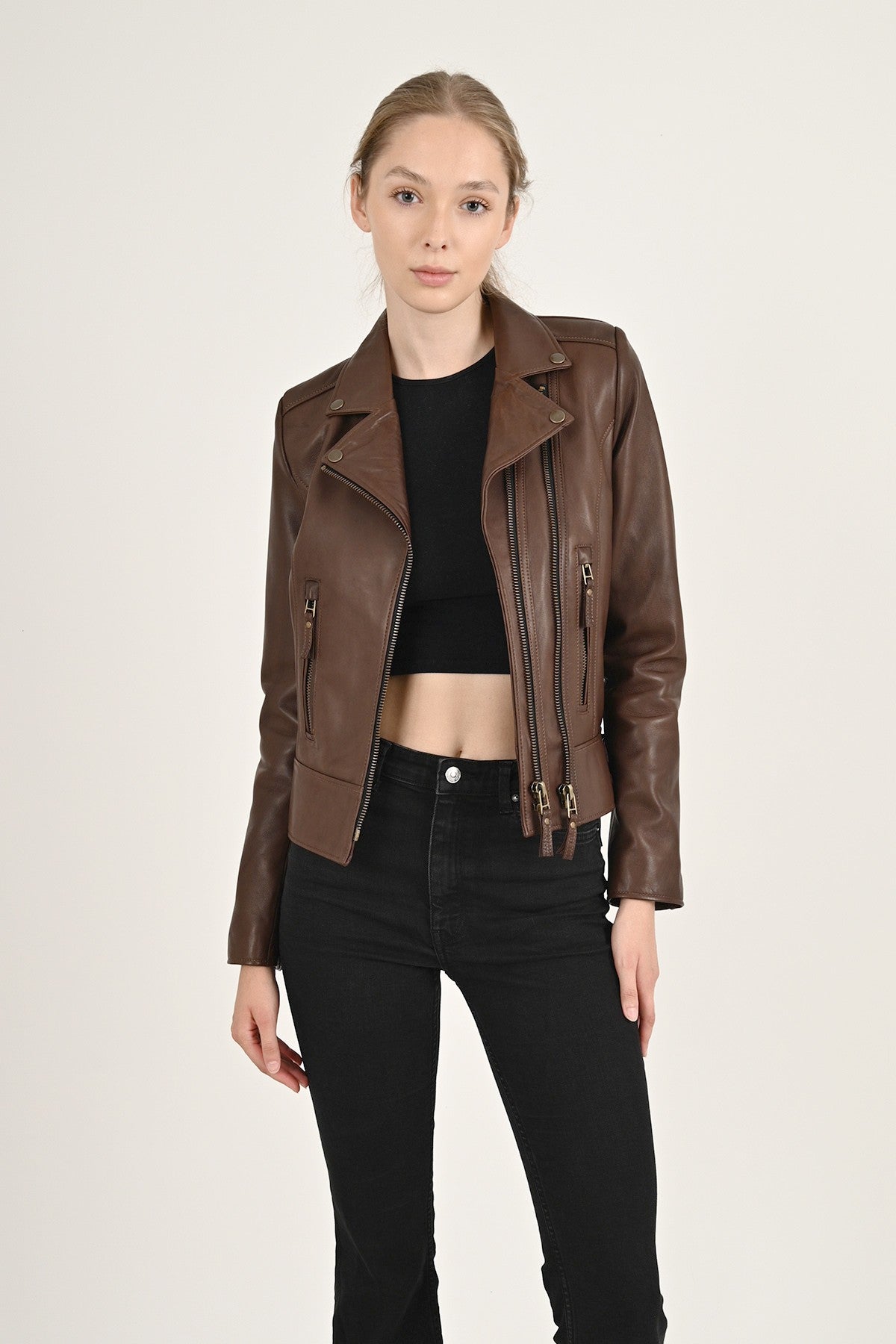 Women's Brown Leather Biker Jacket